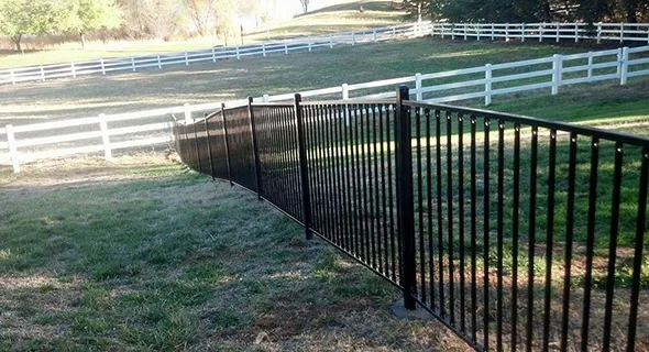 A black fence is positioned in front of a white fence, illustrating a stylish and economical choice for fencing solutions.