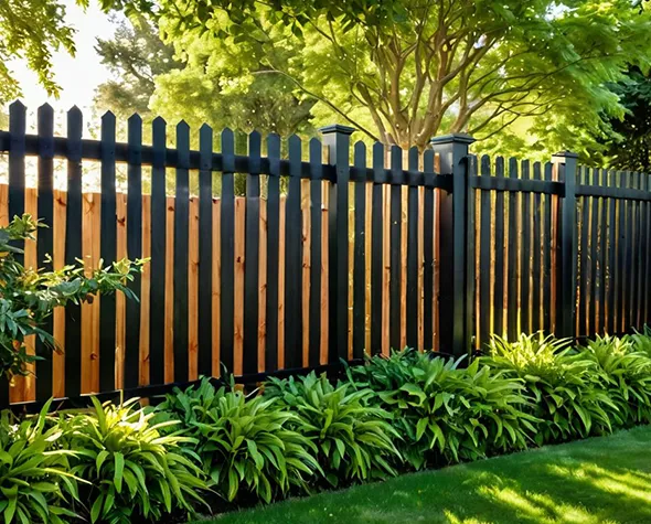 A black fence surrounded by lush green plants and trees, creating a serene and natural outdoor environment.