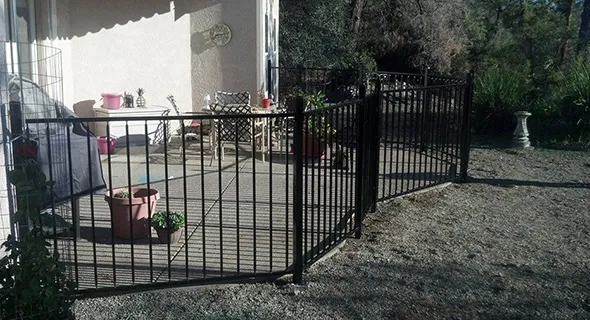 A stylish black metal fence encloses a patio with lush plants, showcasing quality installation for enhanced outdoor aesthetics.